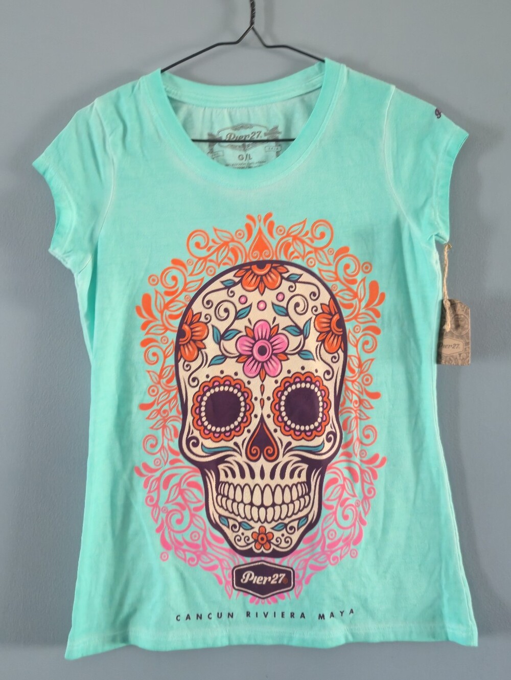 NWT Pier 27 Womens Aqua Sugar Skull Graphic Baby Tee (Lg)